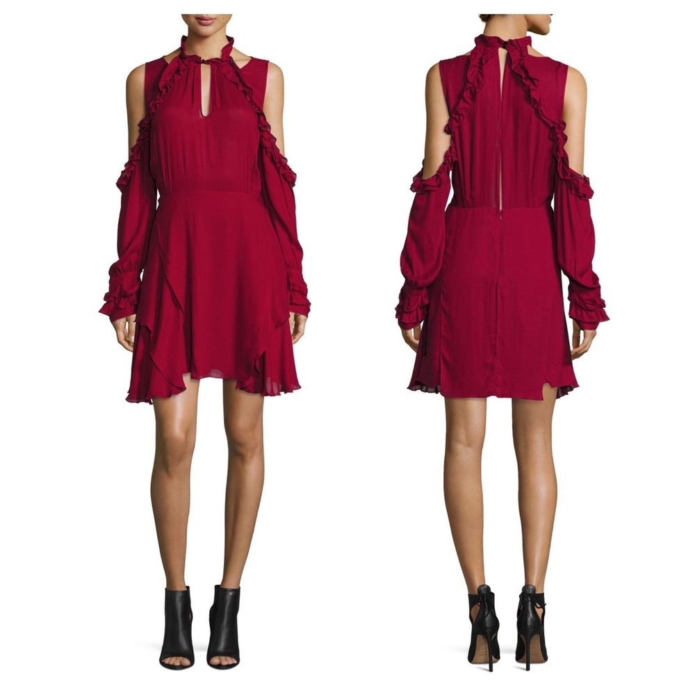 IRO Hanie Dress‎ Womens Wine Cold Shoulder Ruffle Keyhole Mini Dress Size M/38